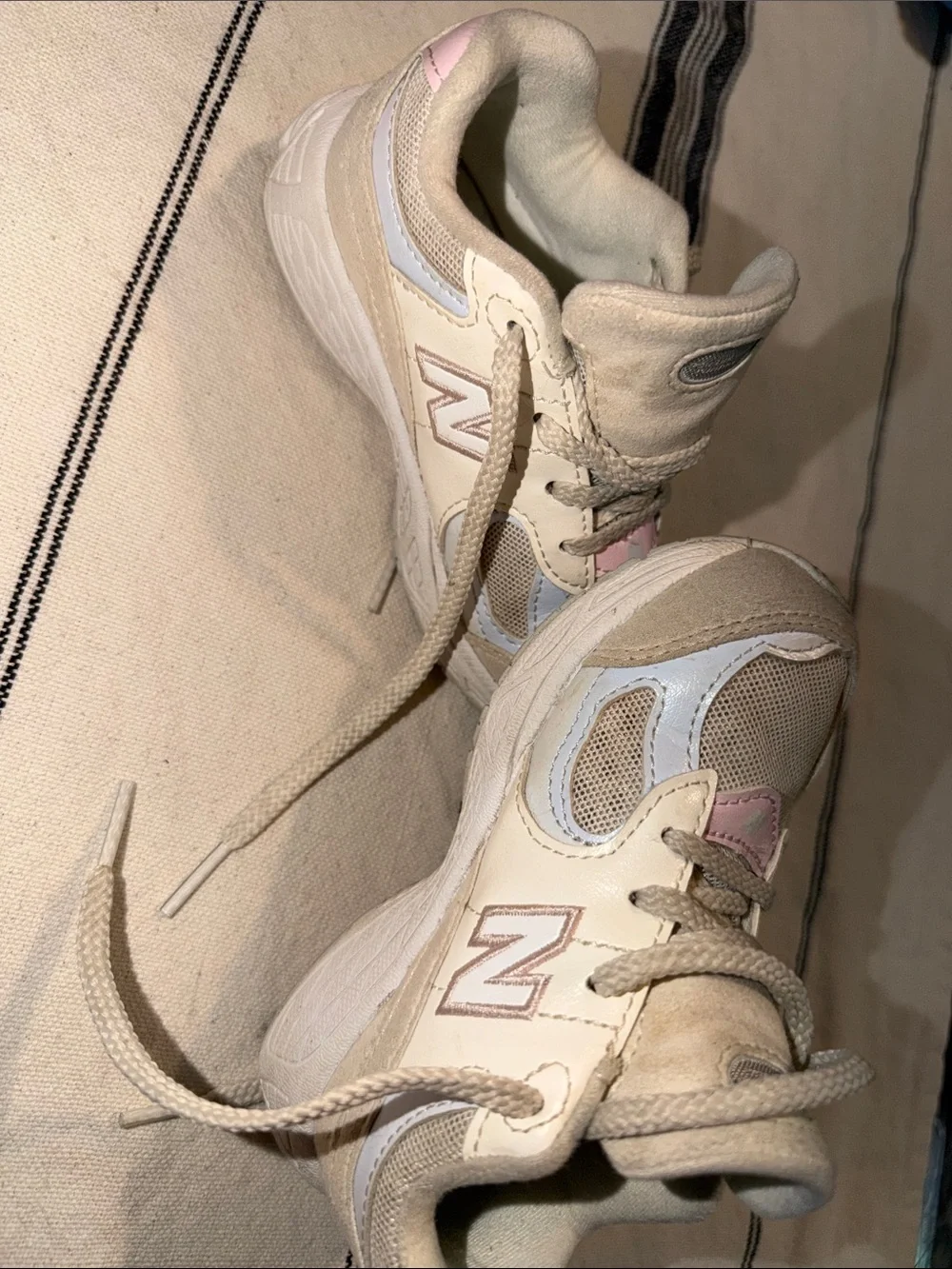New Balance Kids Cream Sneakers with Pastel Pink & Light Blue Accents